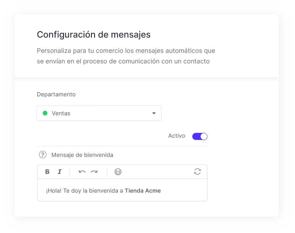 panel de configuración de mensajes de b2chat