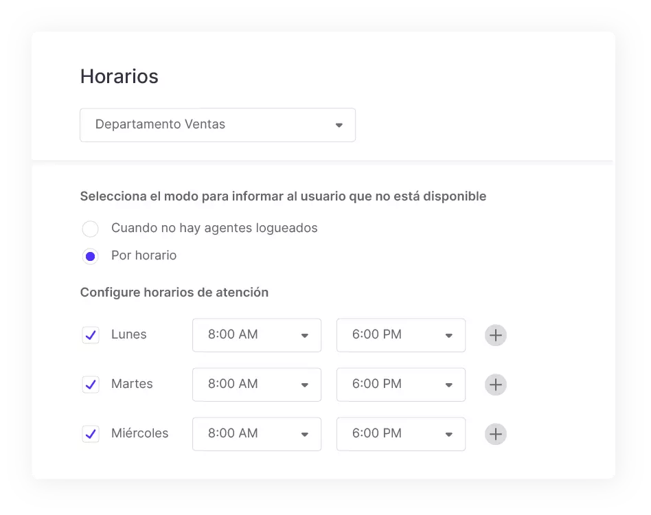 panel de configuración de horarios de b2chat