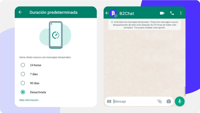 Diagrama de mensajes temporales en un chat de WhatsApp