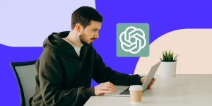 un hombre trabajando en una laptop y el logo de openai