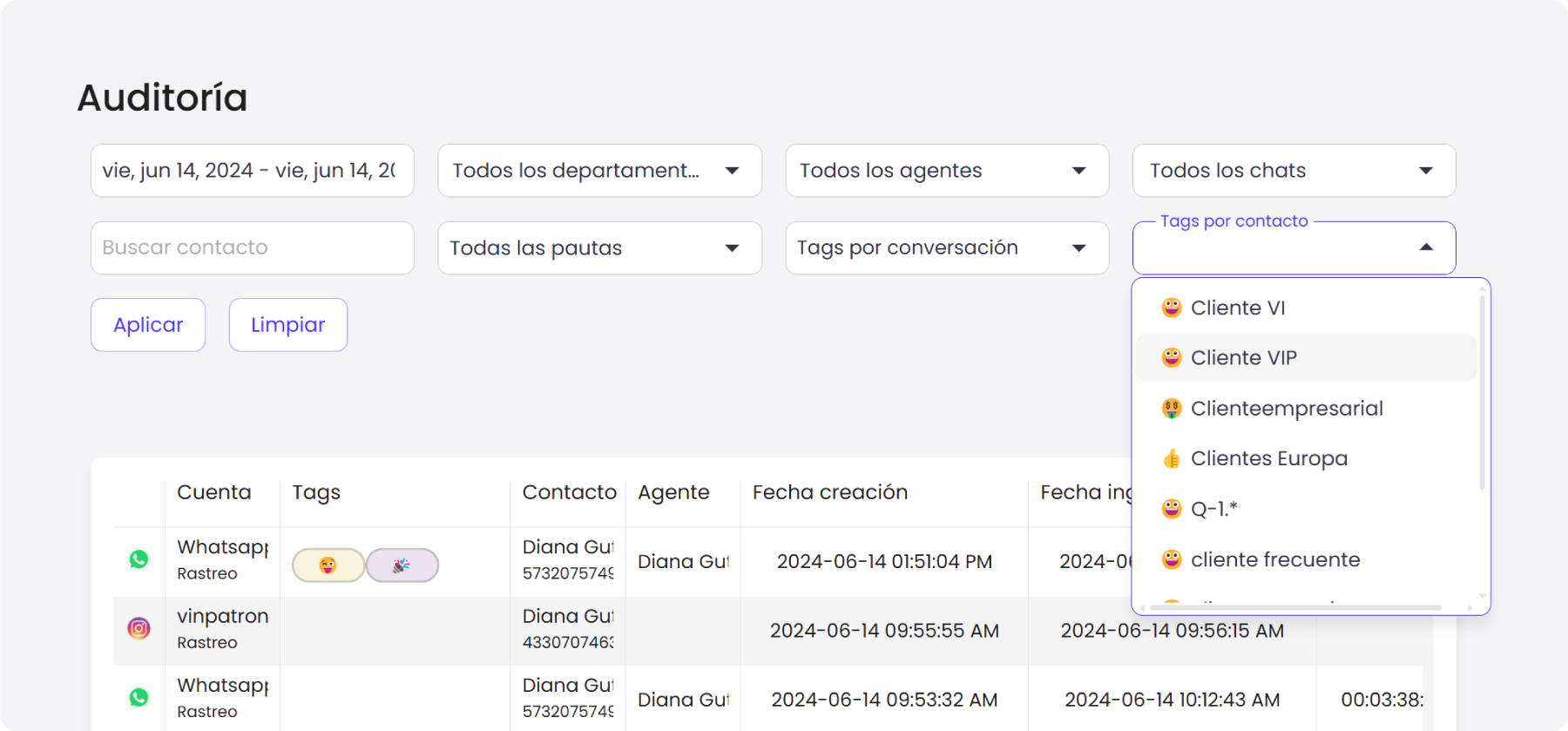 Filtro de tags en B2Chat