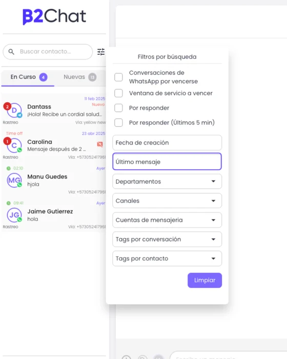 Filtro por último mensaje del contacto