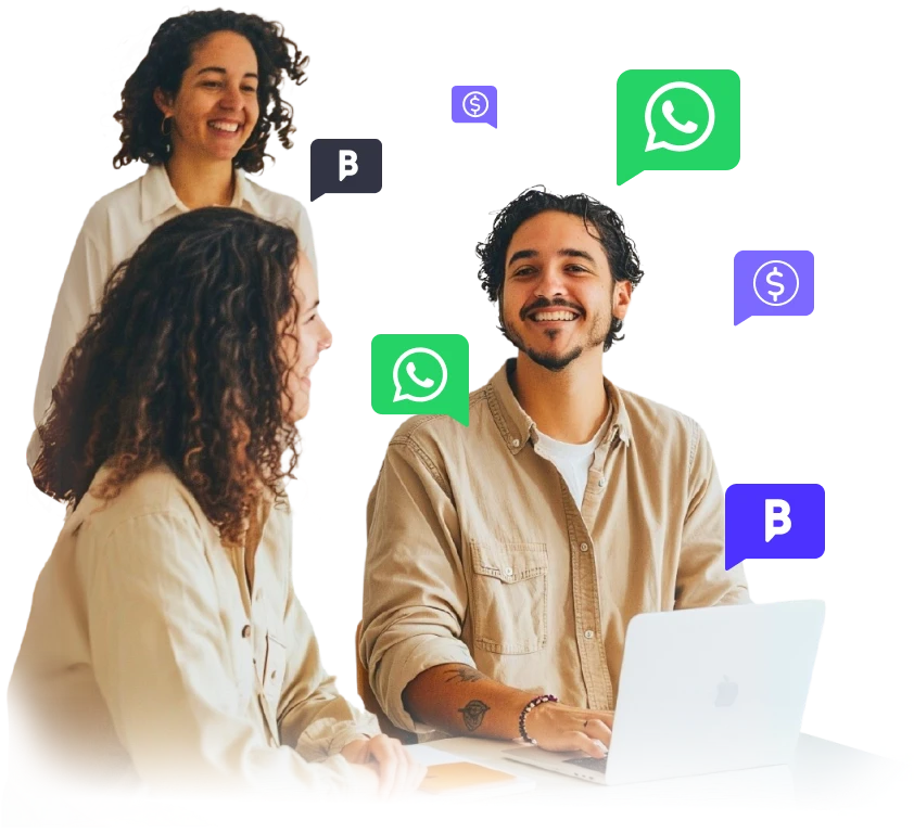 personas conversando junto a iconos de b2chat y whatsapp