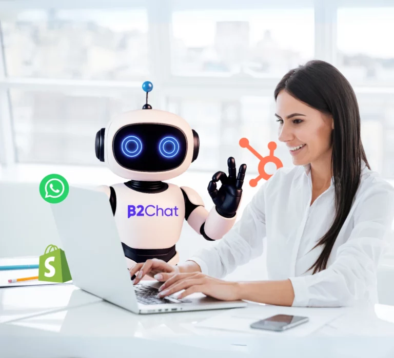 mujer trabajando junto al asistente ia de b2chat