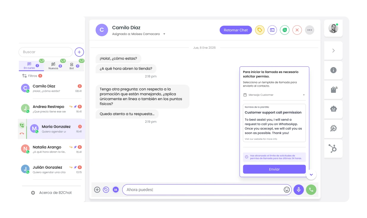 llamadas por whatsapp en la consola de b2chat