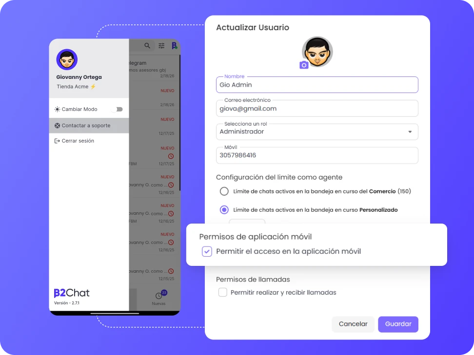 activación y control de acceso en la app móvil de b2chat