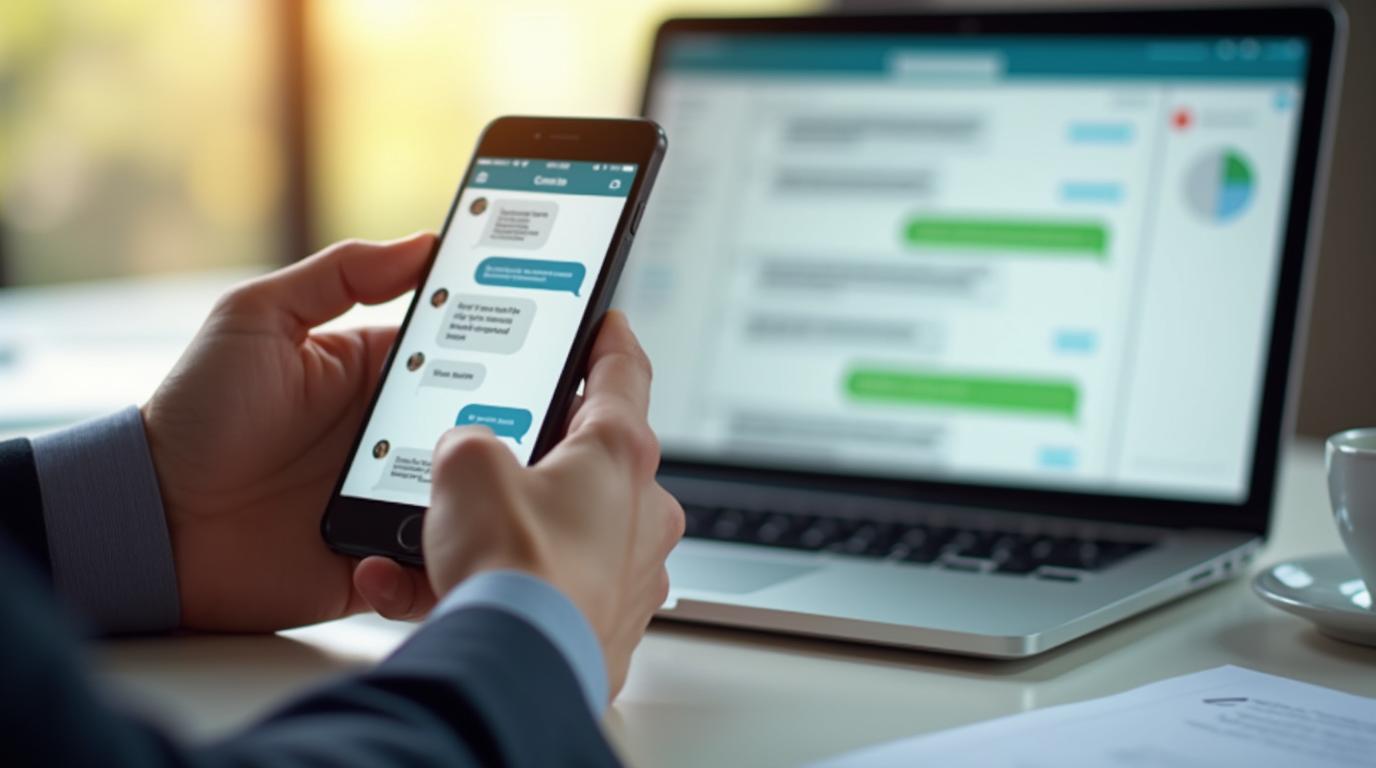 Profesional usando smartphone con conversaciones de chat y CRM de fondo