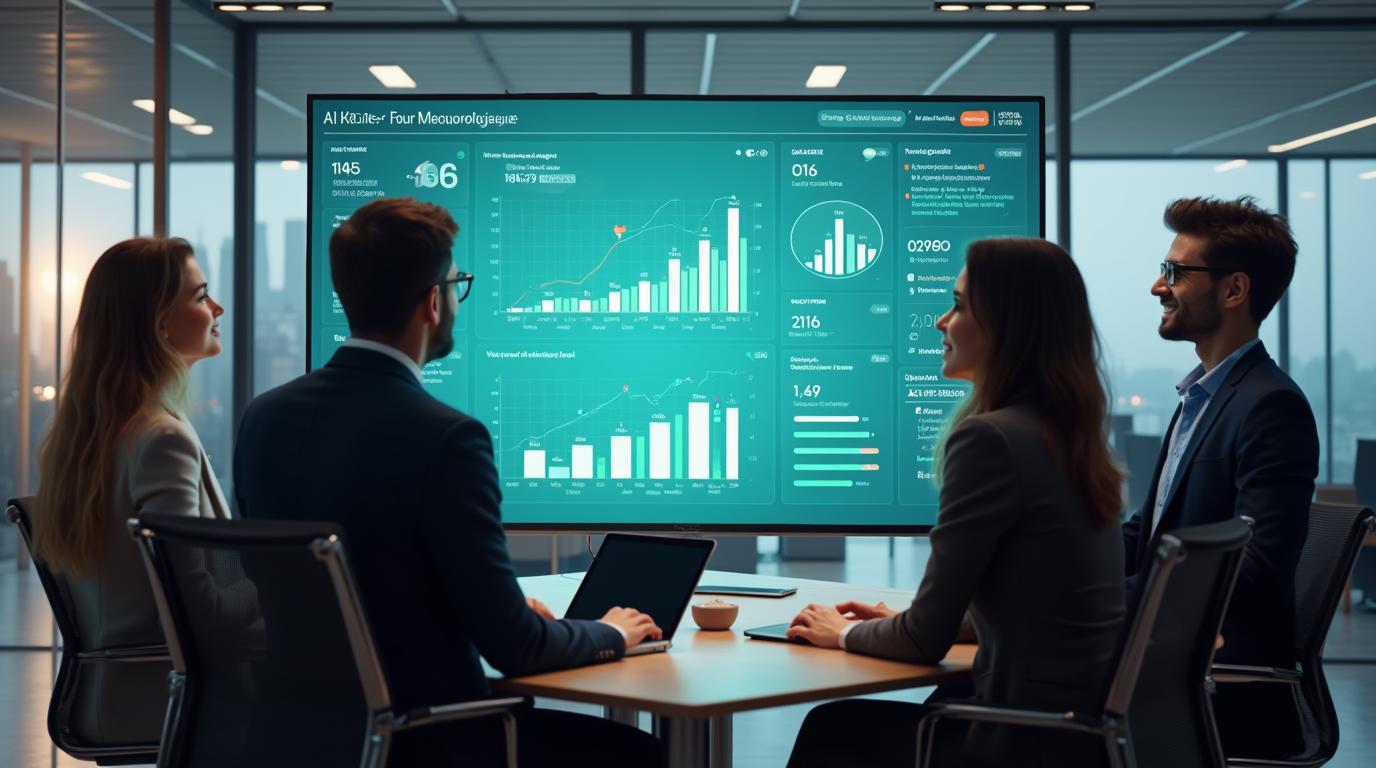 Equipo de negocios analizando dashboard de IA conversacional en oficina moderna