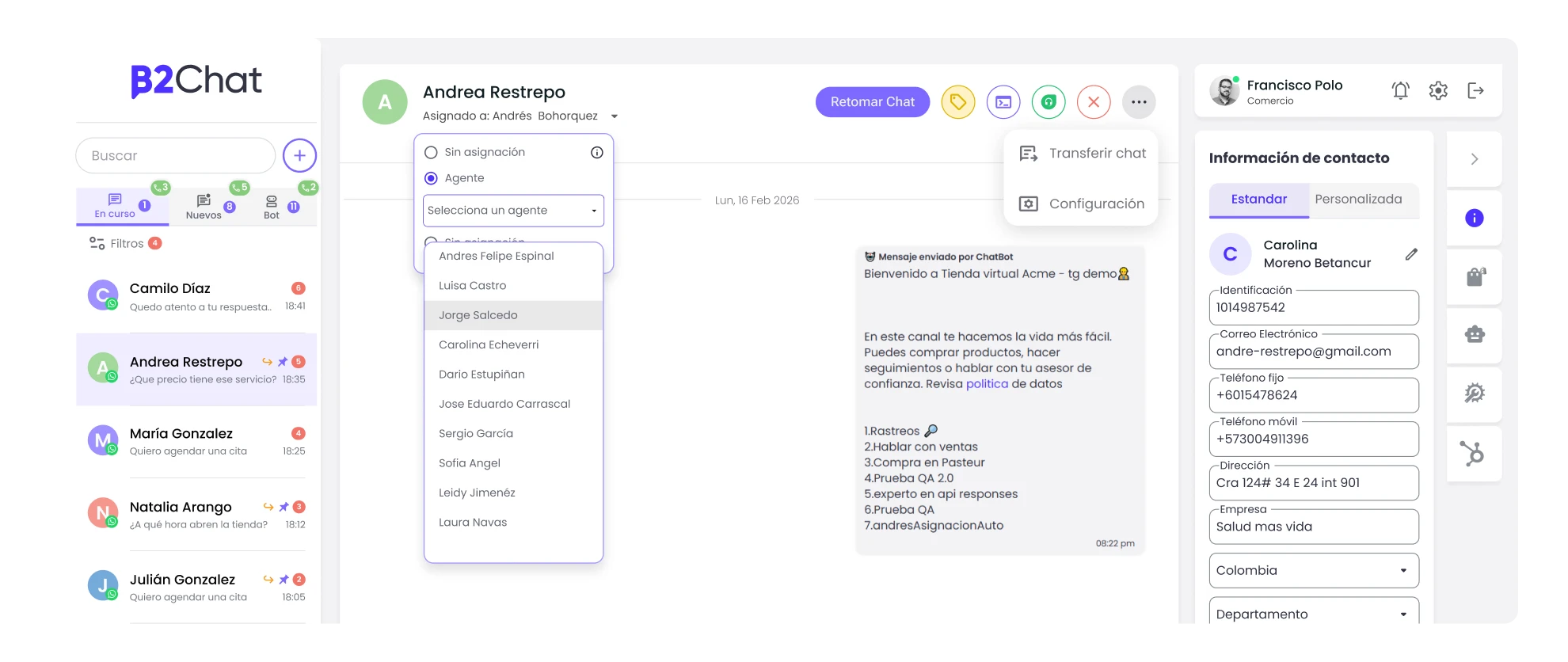 múltiples agentes en la consola de b2chat