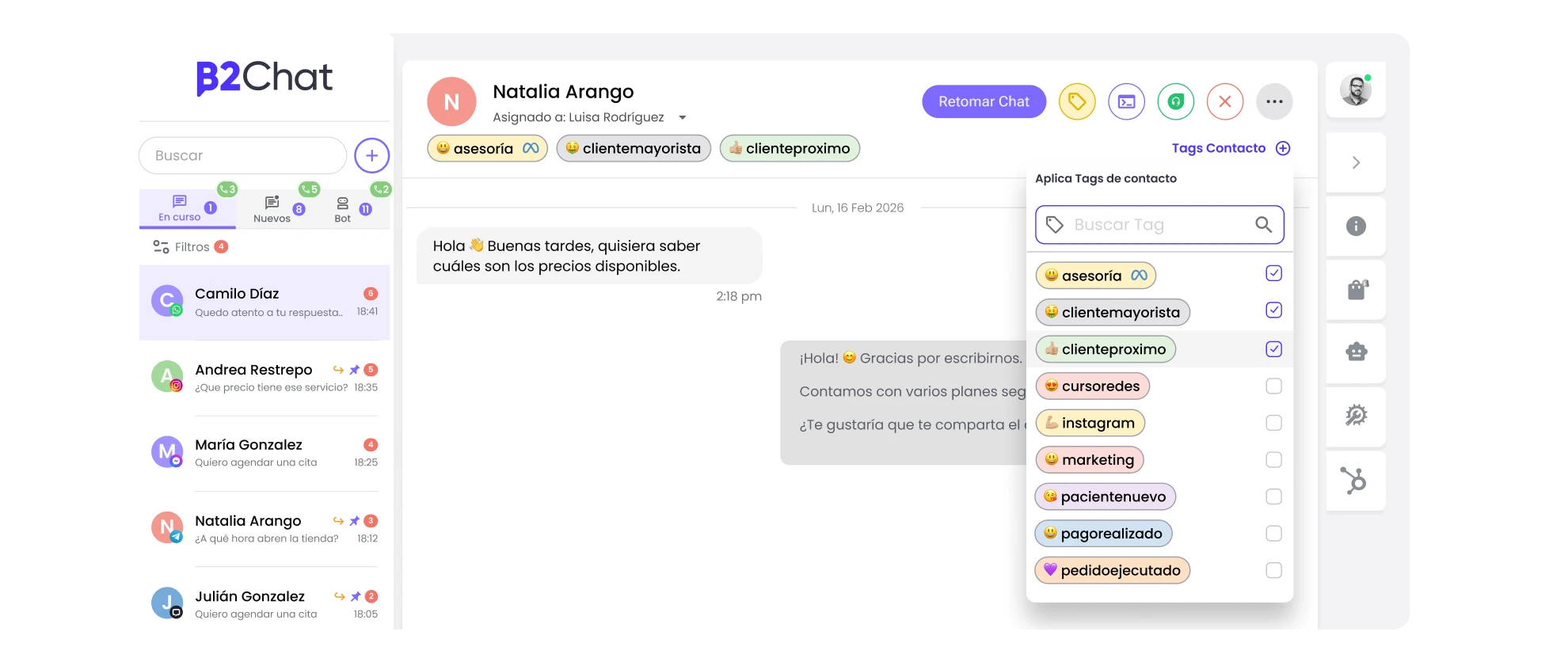 etiquetas de chat de b2chat