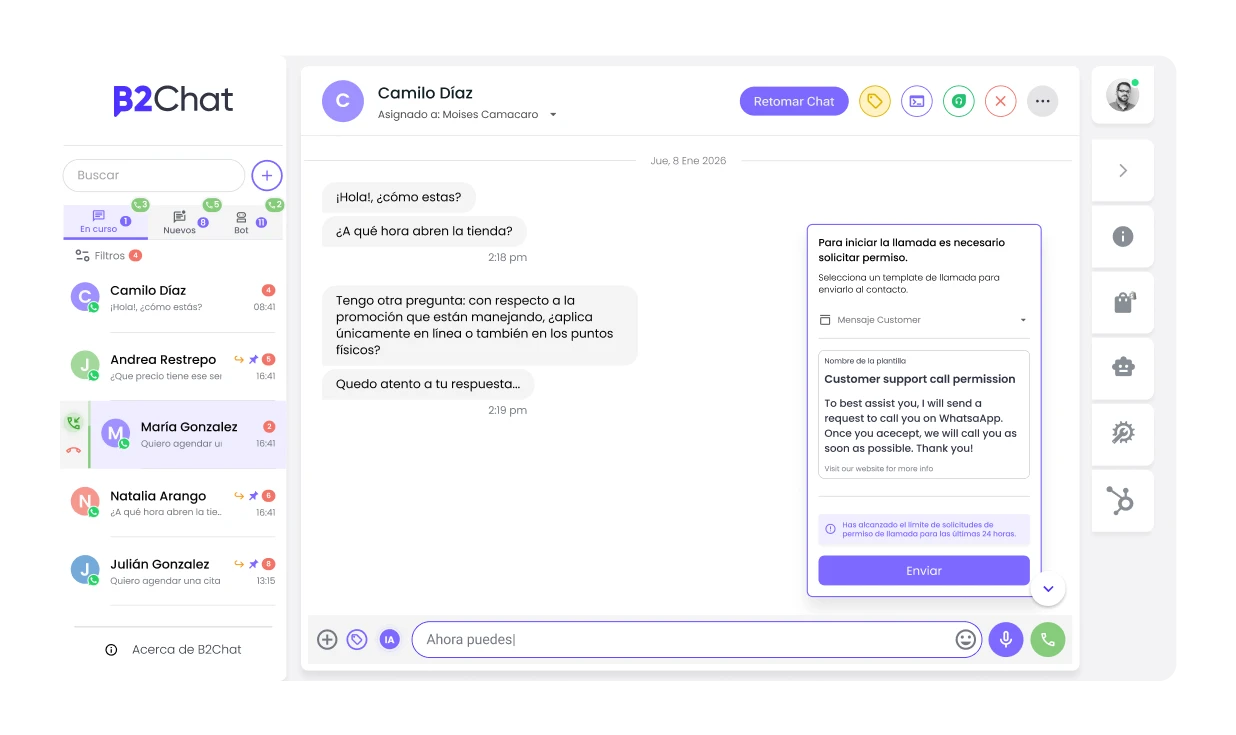 llamadas por whatsapp en la consola de b2chat