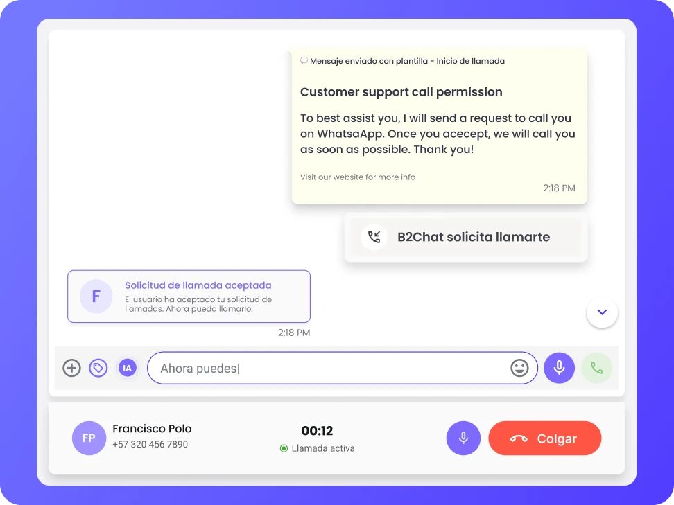 llamadas salientes en la consola de b2chat