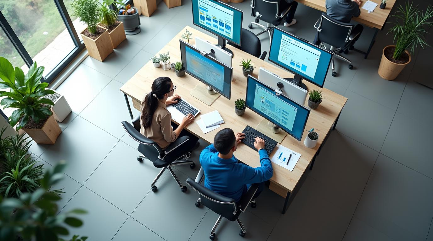 Equipo de ventas colaborando en oficina con pantallas de mensajería y datos