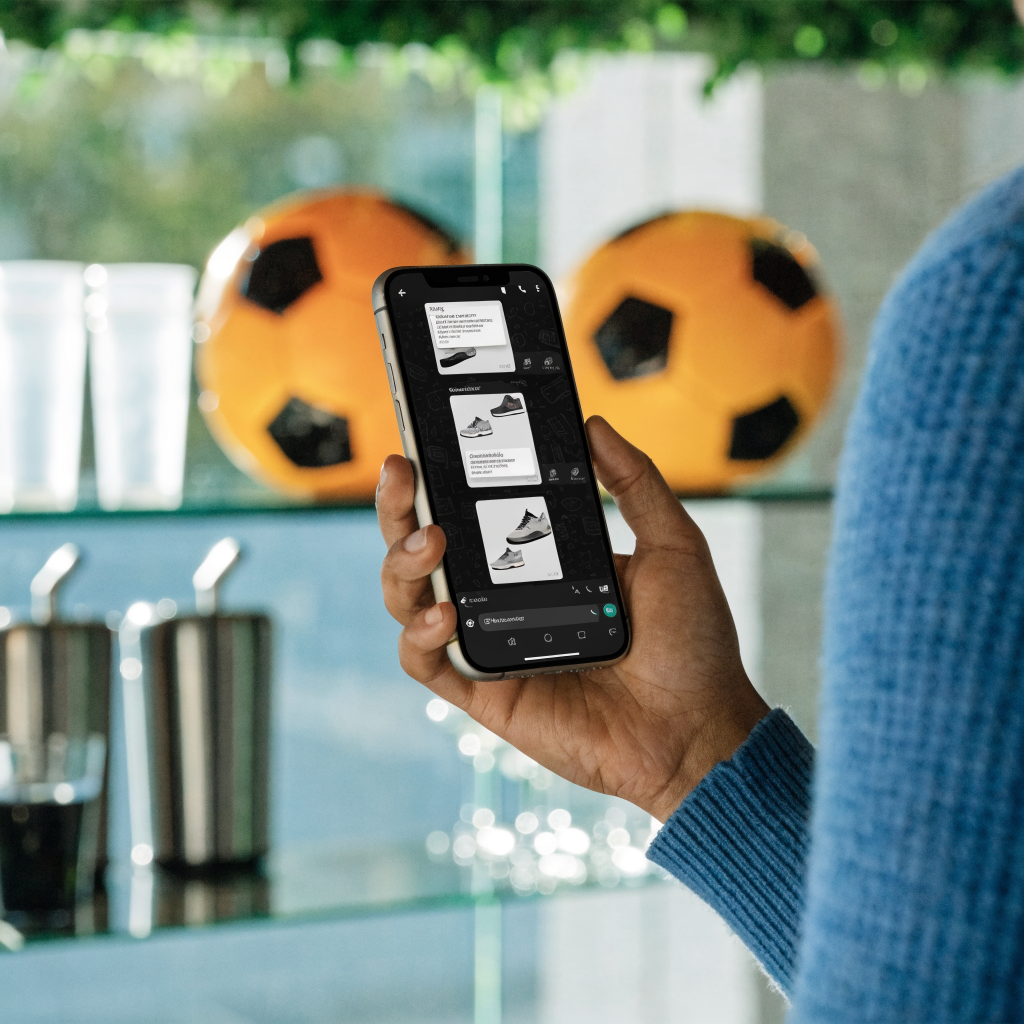 Persona usando chatbot de WhatsApp en su smartphone para comprar productos durante el Mundial 2026