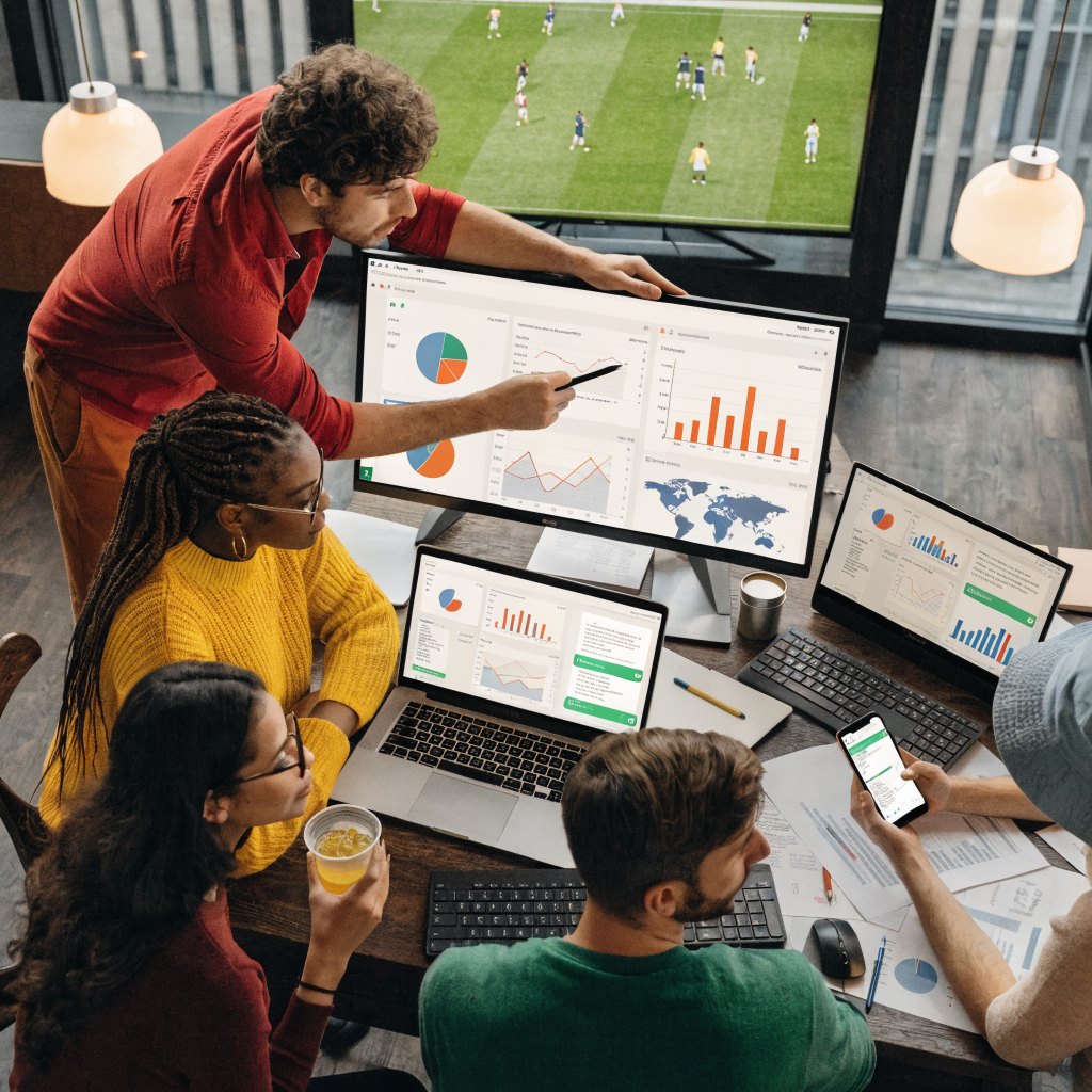 Equipo de marketing analizando dashboards de ventas por WhatsApp con partido de fútbol en pantalla