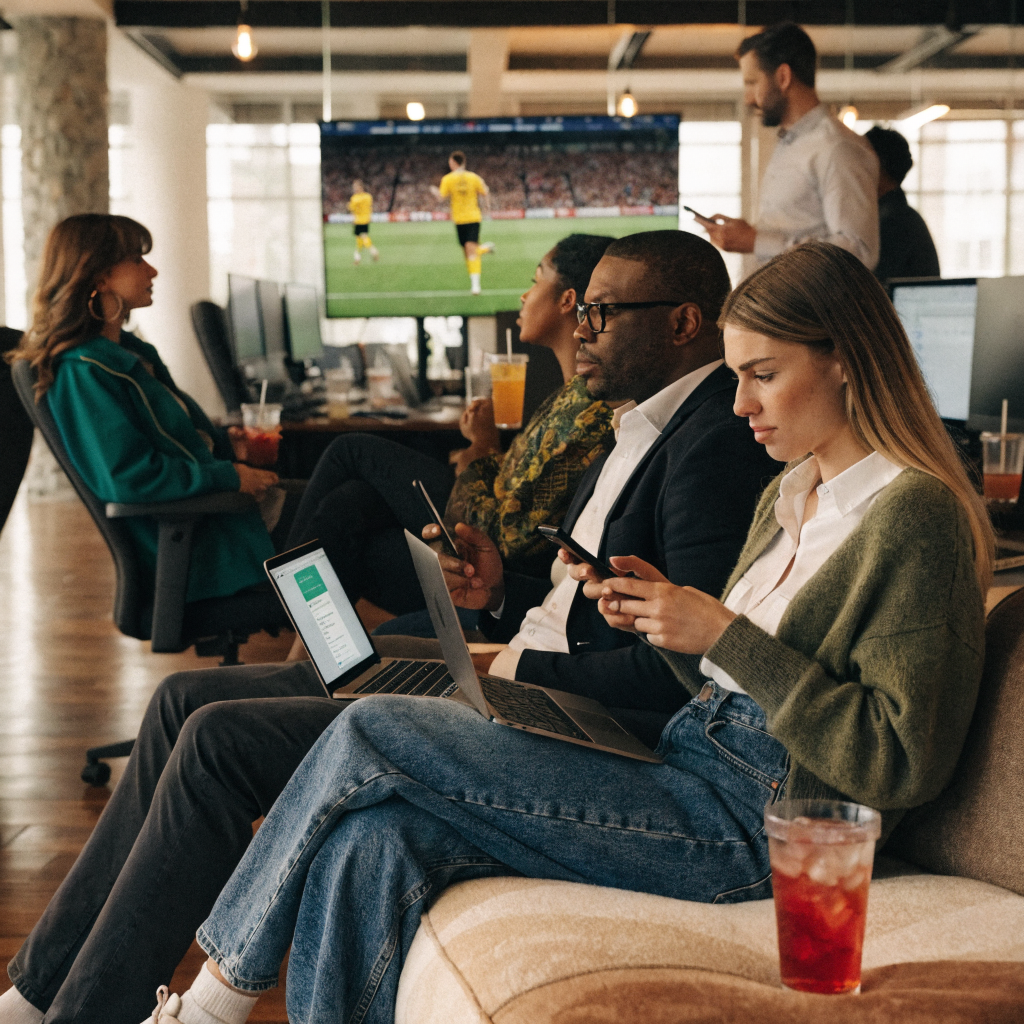 Equipo de trabajo en oficina moderna monitoreando ventas por WhatsApp durante un partido del Mundial 2026