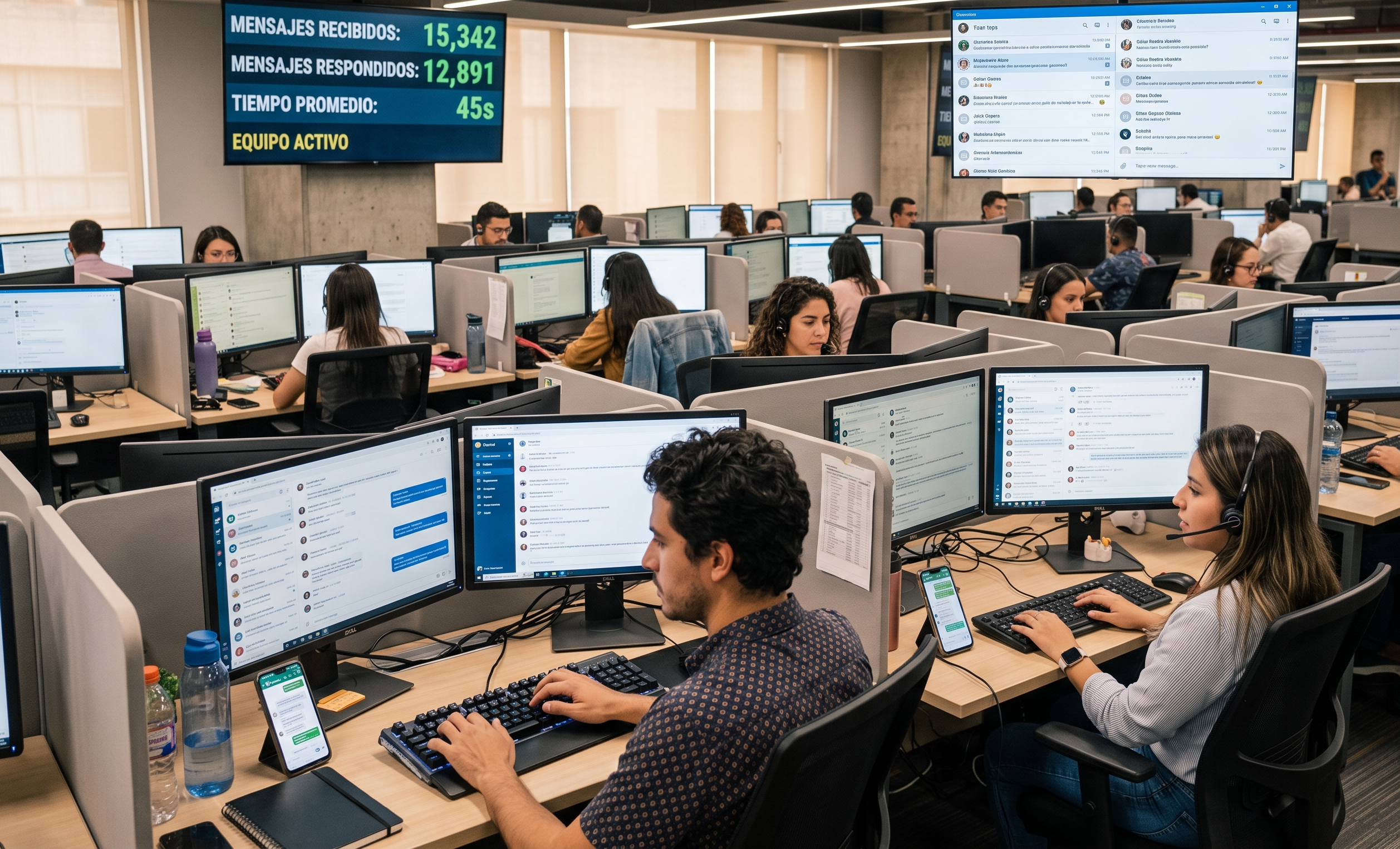 Equipo de agentes gestionando conversaciones de WhatsApp en una plataforma de mensajería empresarial con métricas en tiempo real