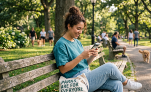 Mujer joven enviando un mensaje por WhatsApp desde su teléfono móvil en un parque