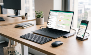 Laptop y teléfono móvil mostrando la interfaz de WhatsApp en un escritorio de oficina corporativa