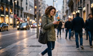 Mujer buscando una empresa por su username de WhatsApp mientras camina por la ciudad