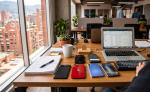 Escritorio de oficina con varios smartphones de diferentes marcas listos para configurar username de WhatsApp Business