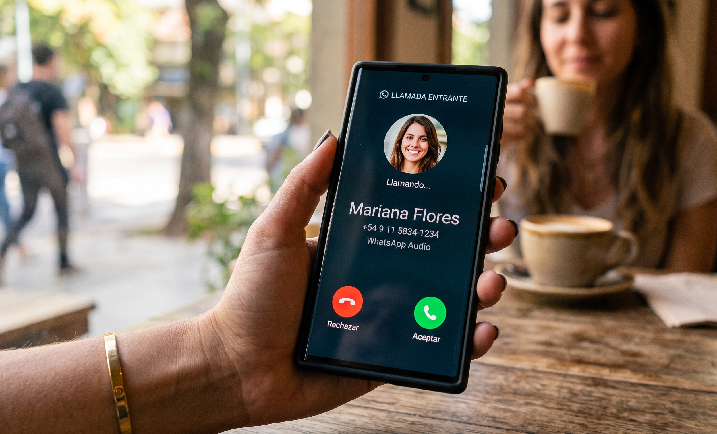 Llamada entrante por WhatsApp en un smartphone mostrando la pantalla de aceptar o rechazar