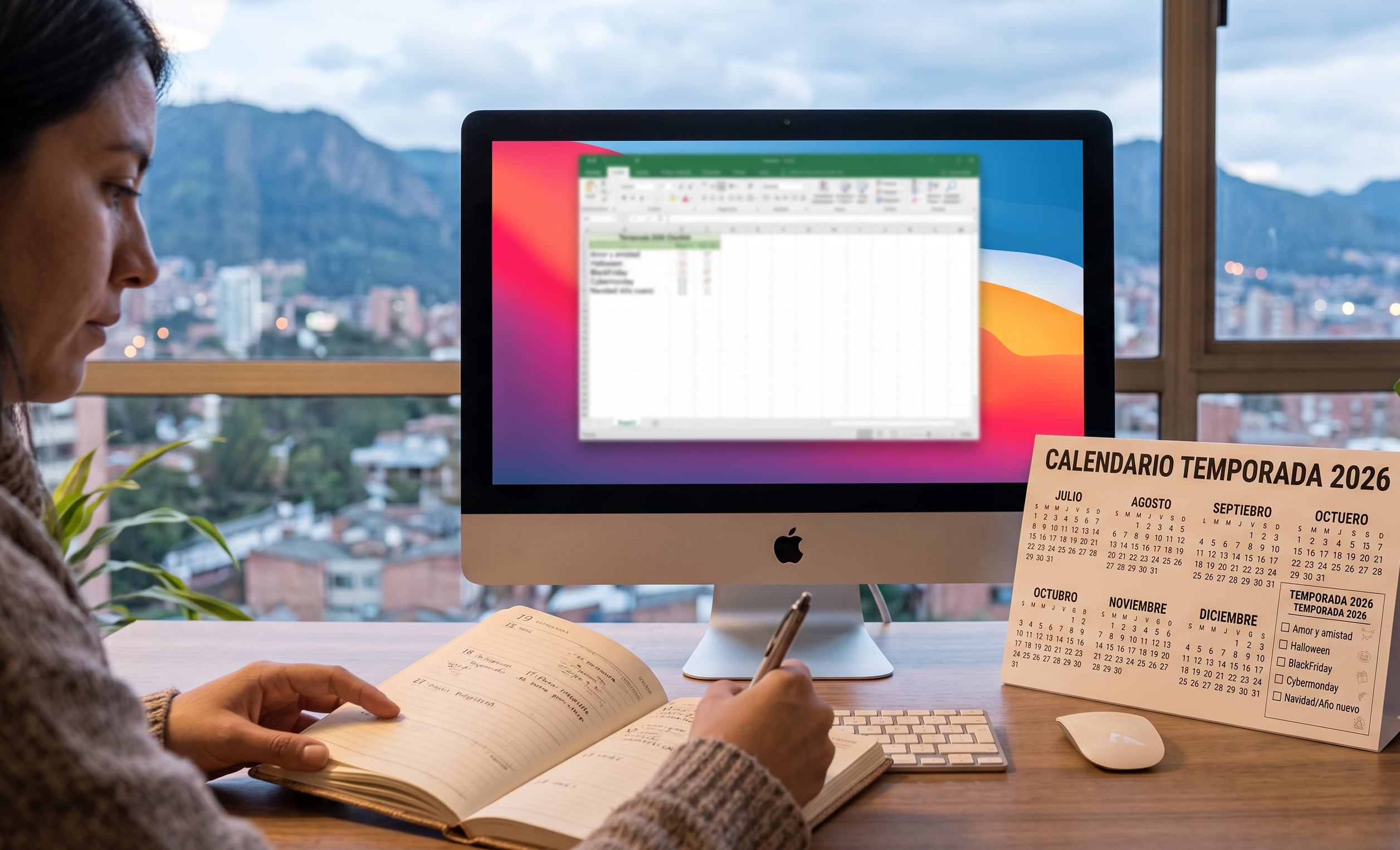 Mujer planificando las fechas comerciales del segundo semestre 2026 con calendario de temporada y hoja de cálculo en su escritorio.