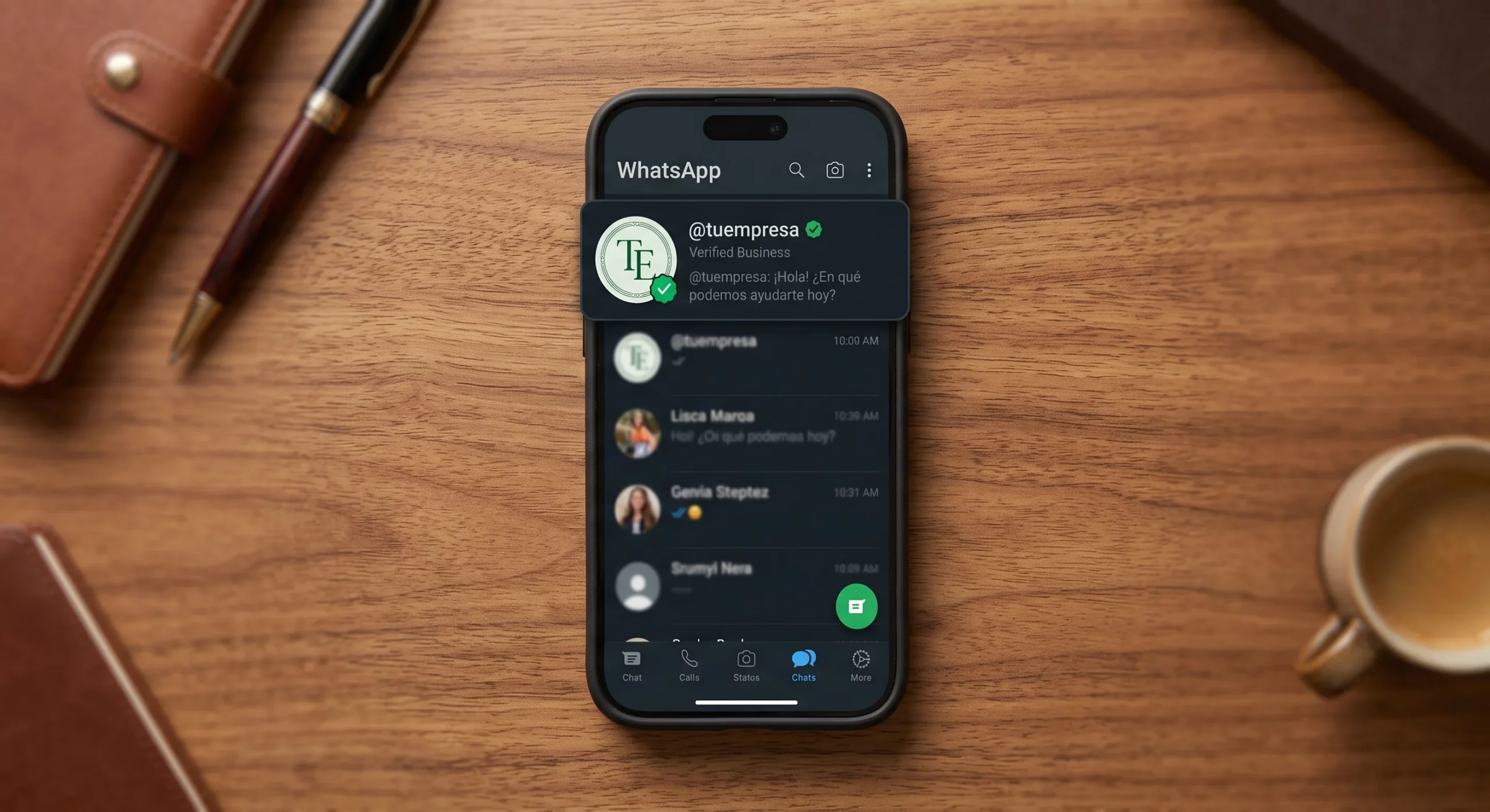 Móvil sobre un escritorio mostrando una bandeja de chats de WhatsApp con un contacto identificado por nombre de usuario