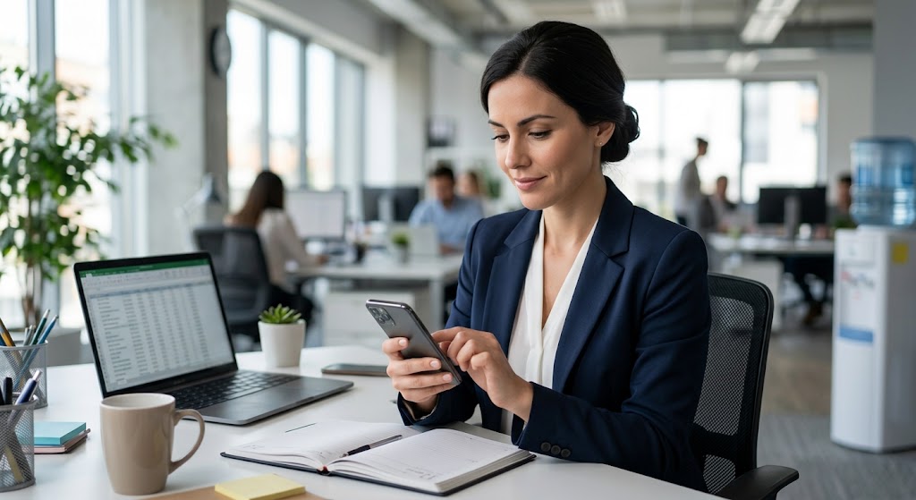 Profesional gestionando mensajes de WhatsApp desde su oficina con el equipo trabajando al fondo