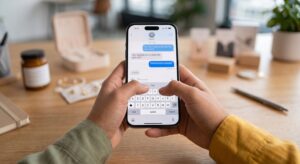 Persona escribiendo una respuesta de texto a un cliente en un chat de WhatsApp desde un teléfono