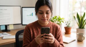 Mujer analizando el costo de sus mensajes de WhatsApp Business desde su escritorio con métricas de conversación al fondo