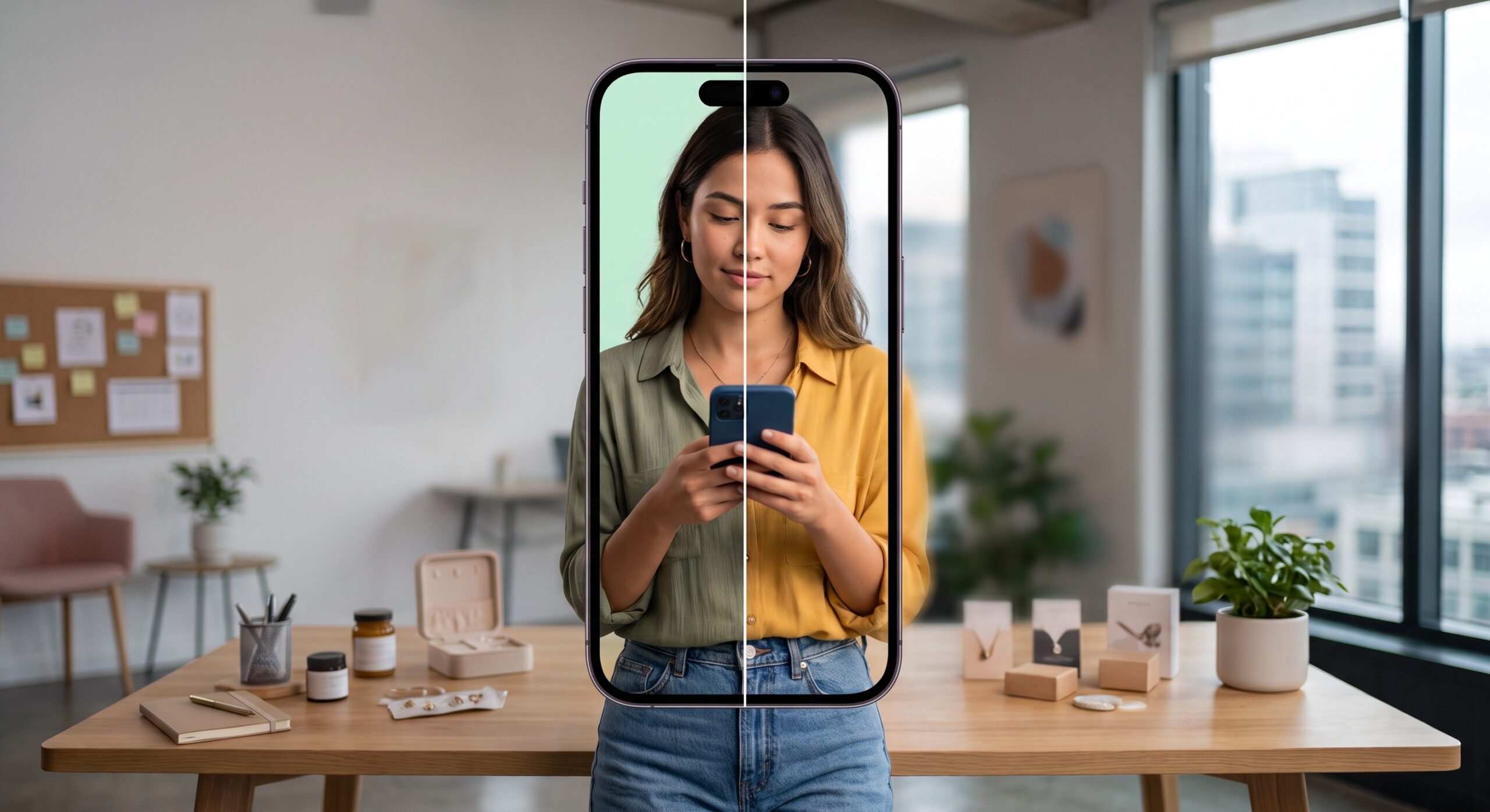 Emprendedora de un negocio de joyería revisando WhatsApp Business en su teléfono desde una oficina moderna