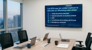Pantalla de sala de juntas mostrando los cinco KPIs de atención al cliente en WhatsApp