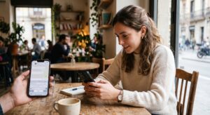 Dos personas en una cafetería revisan una conversación de WhatsApp en sus teléfonos