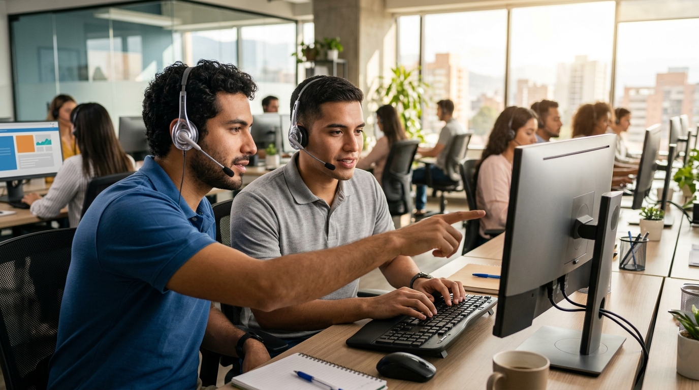Dos asesores de soporte revisando juntos una conversación transferida desde un agente de IA
