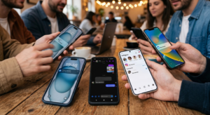 Personas revisan en sus teléfonos notificaciones de mensajes llegados desde anuncios de Facebook e Instagram